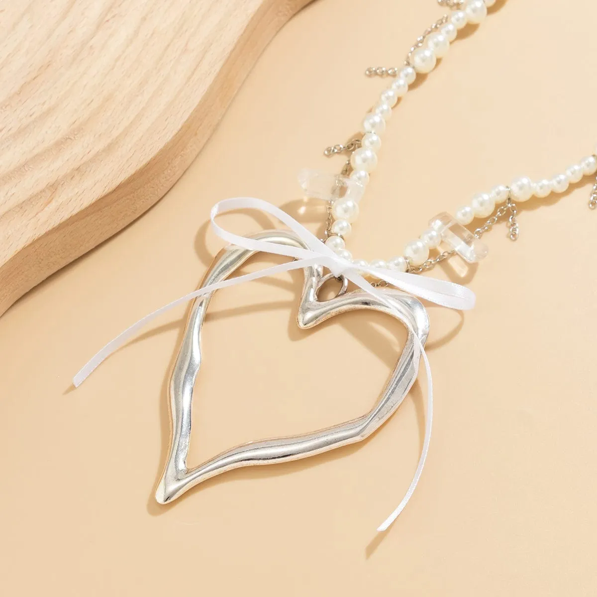 Temperament Heart Pendant Pearl Chain Tassel Necklace