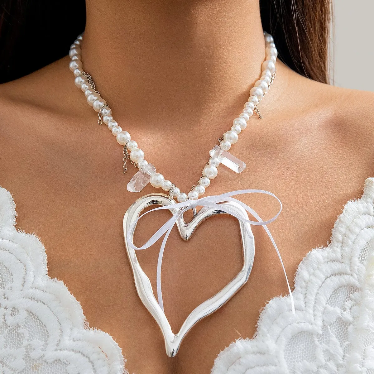 Temperament Heart Pendant Pearl Chain Tassel Necklace