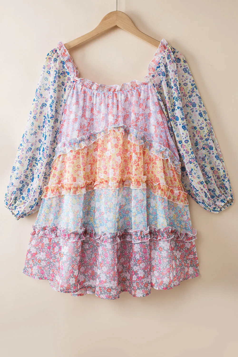 Tiered Mini Dress with Puff Sleeves and Floral Patchwork