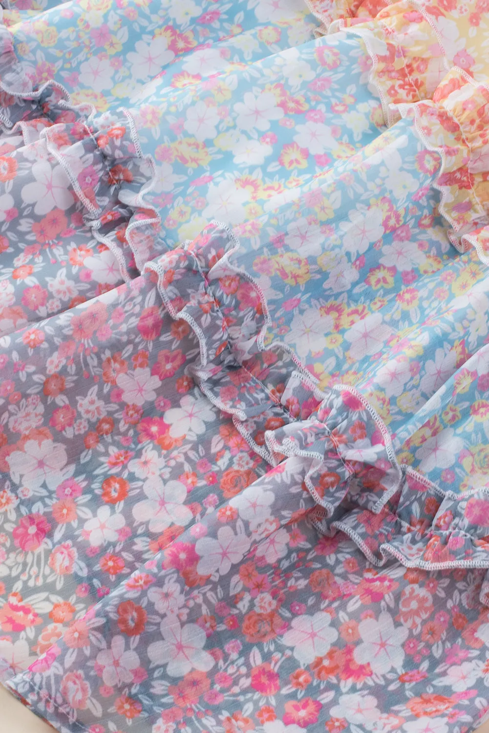 Tiered Mini Dress with Puff Sleeves and Floral Patchwork