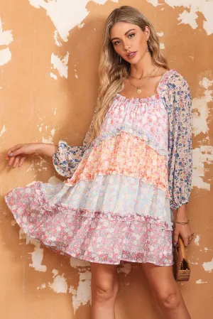 Tiered Mini Dress with Puff Sleeves and Floral Patchwork