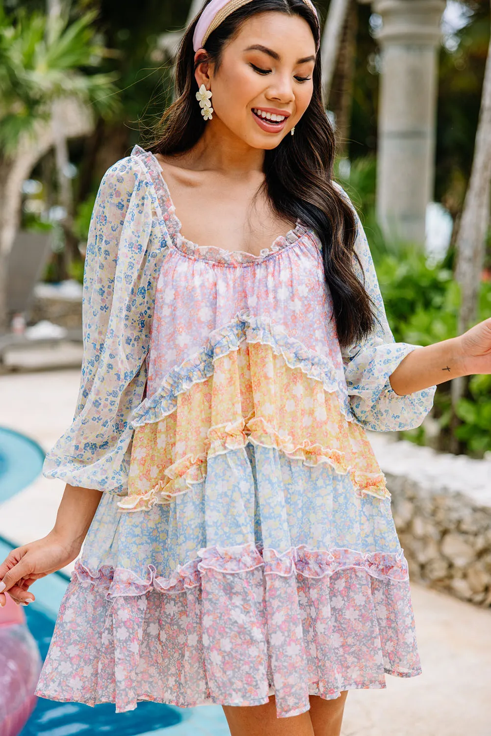 Tiered Mini Dress with Puff Sleeves and Floral Patchwork