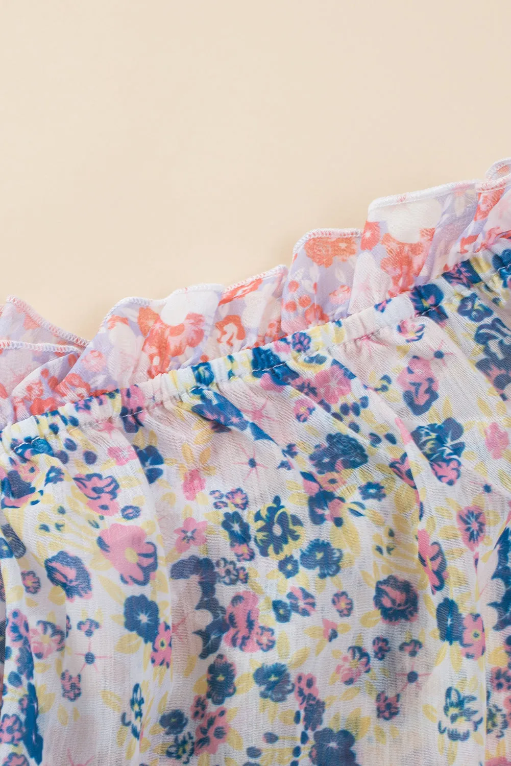Tiered Mini Dress with Puff Sleeves and Floral Patchwork