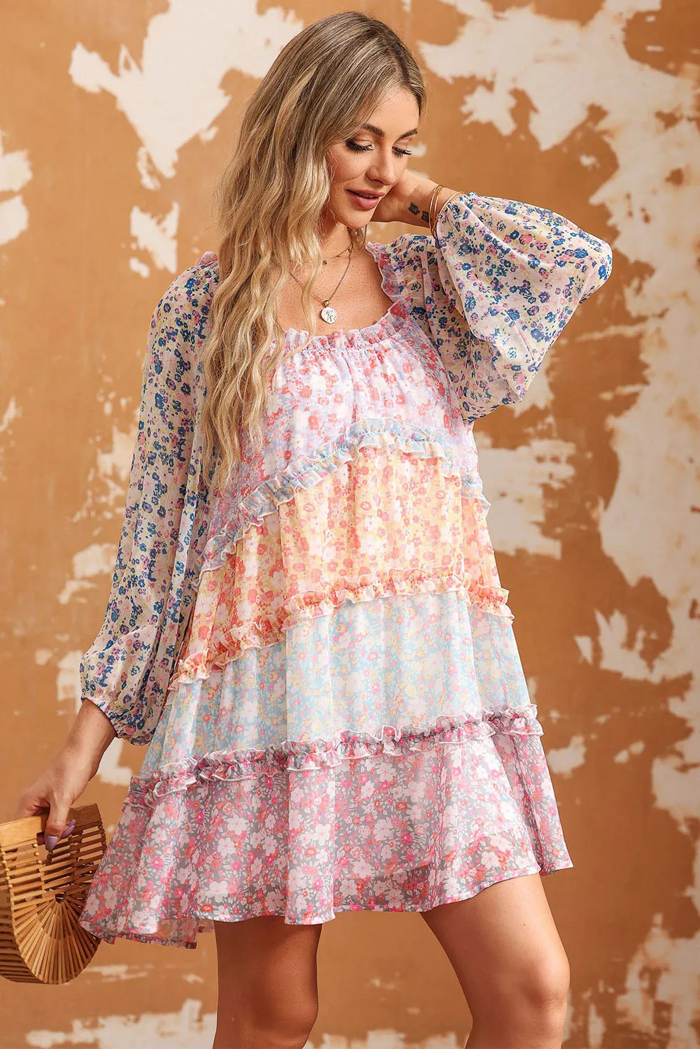 Tiered Mini Dress with Puff Sleeves and Floral Patchwork