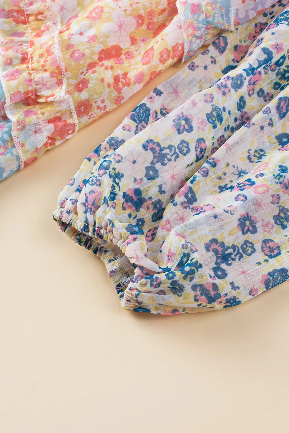 Tiered Mini Dress with Puff Sleeves and Floral Patchwork