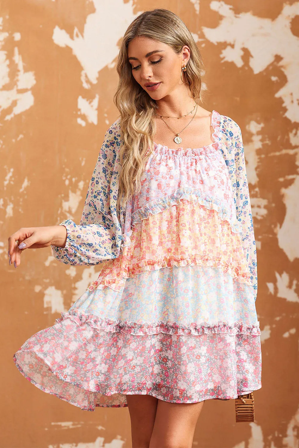 Tiered Mini Dress with Puff Sleeves and Floral Patchwork