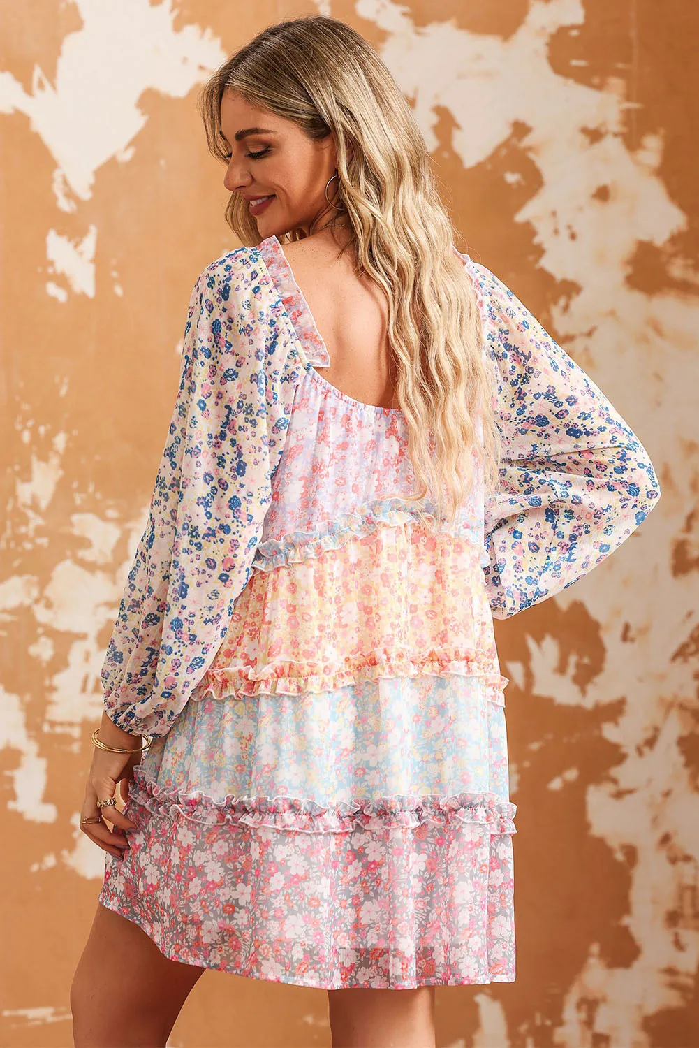 Tiered Mini Dress with Puff Sleeves and Floral Patchwork