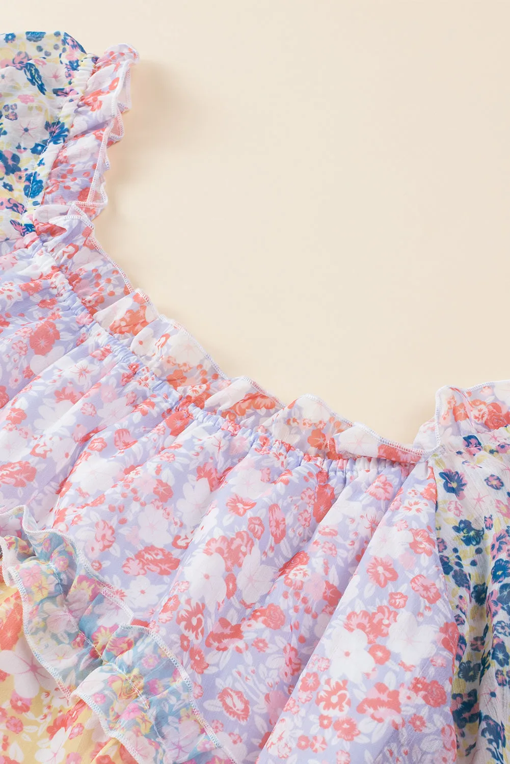 Tiered Mini Dress with Puff Sleeves and Floral Patchwork