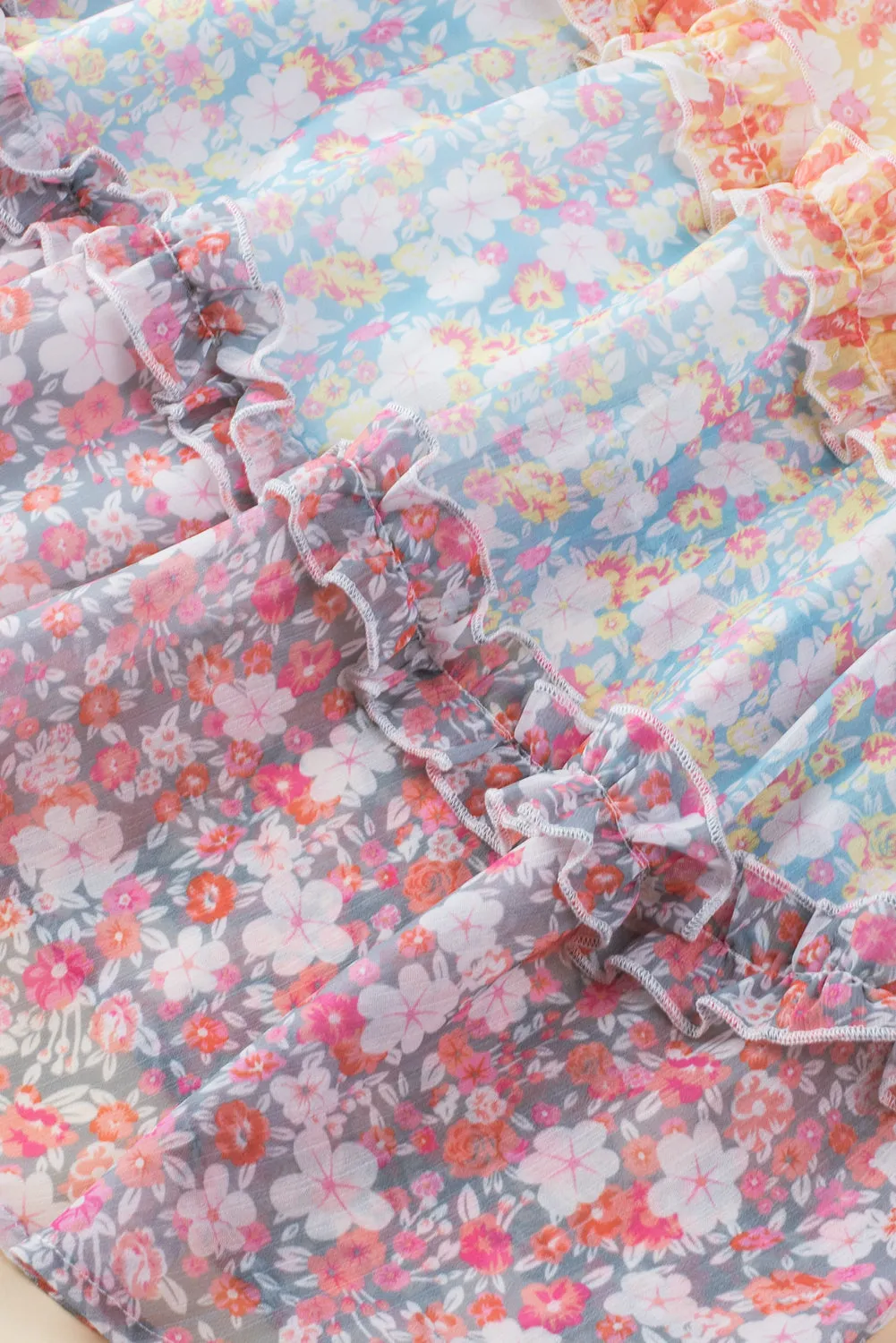 Tiered Mini Dress with Puff Sleeves and Floral Patchwork