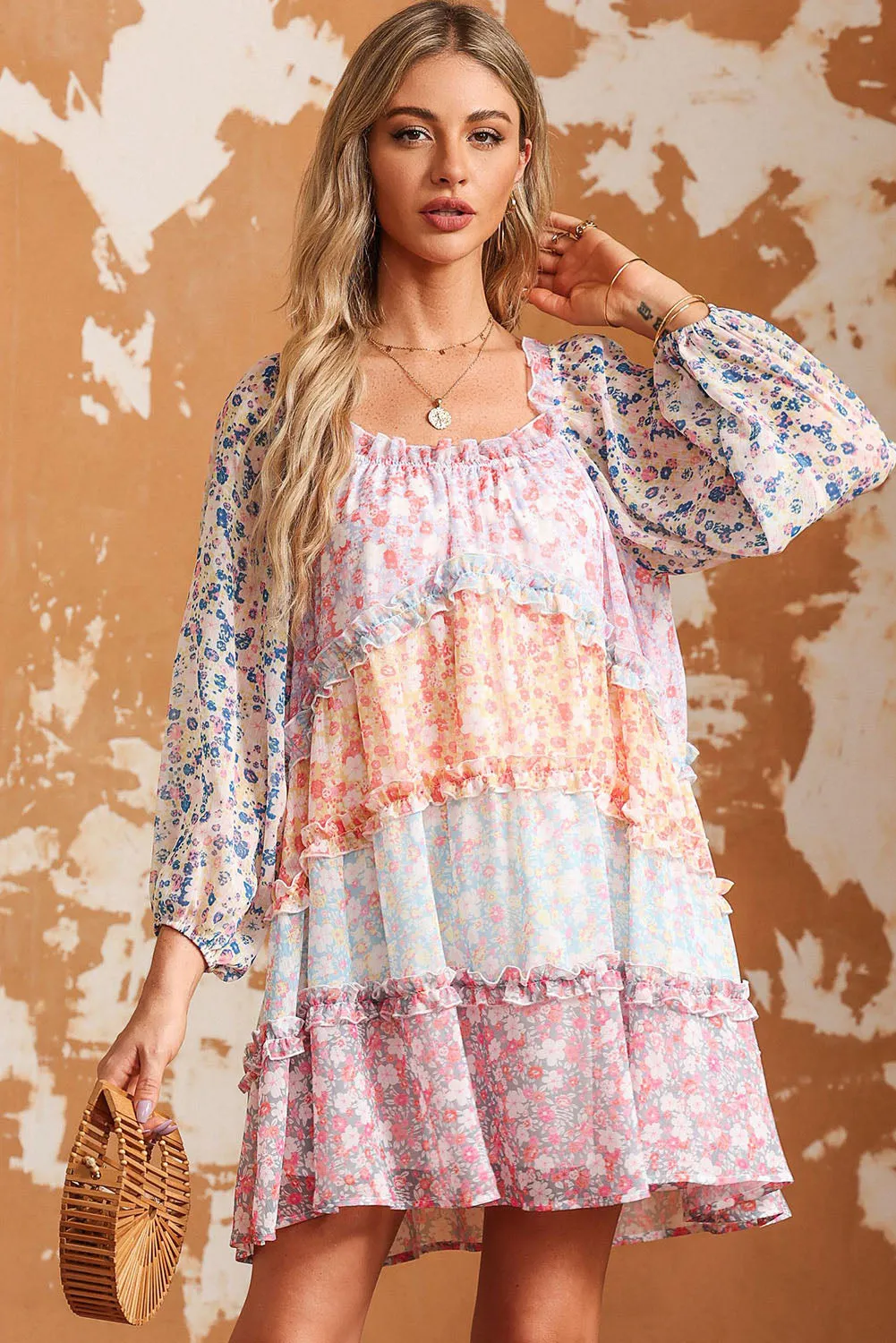 Tiered Mini Dress with Puff Sleeves and Floral Patchwork