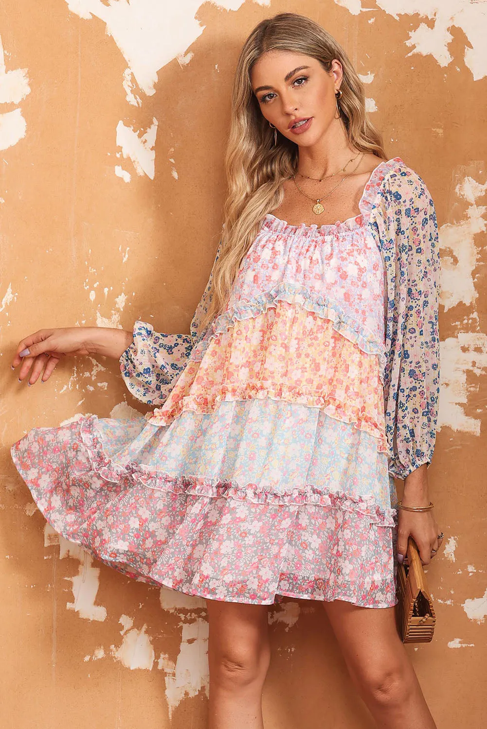 Tiered Mini Dress with Puff Sleeves and Floral Patchwork