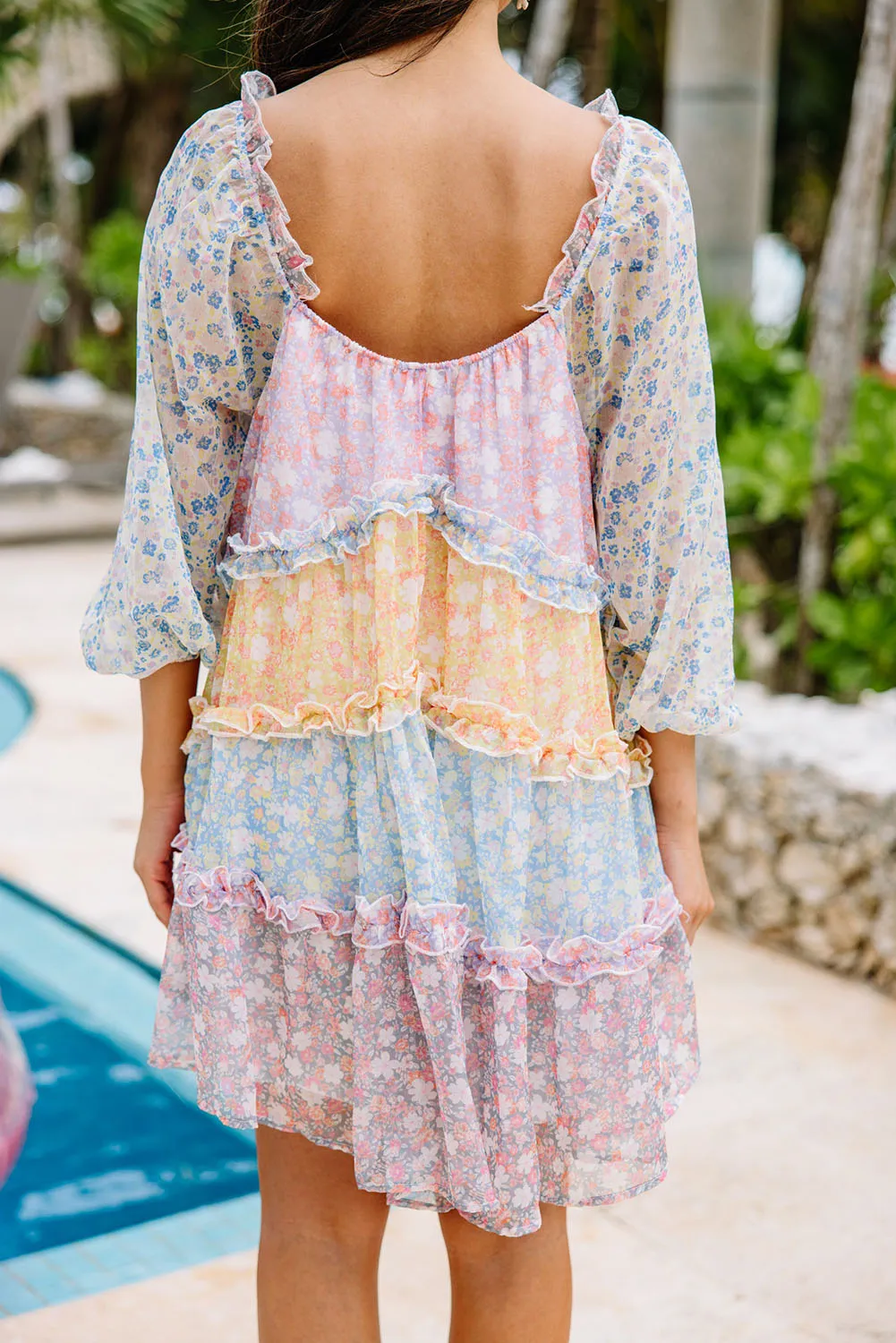 Tiered Mini Dress with Puff Sleeves and Floral Patchwork