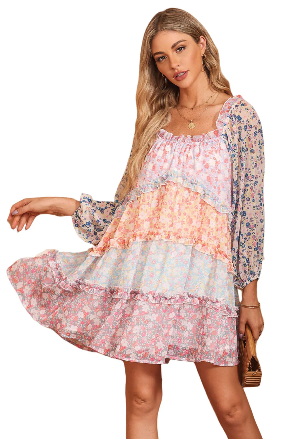 Tiered Mini Dress with Puff Sleeves and Floral Patchwork