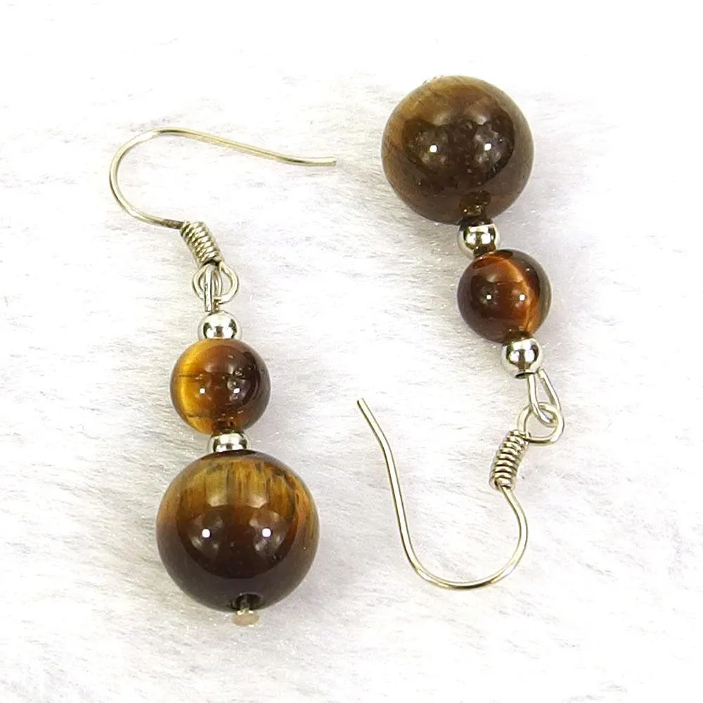 Tiger's Eye Jasper Natural Gemstone Beads Silver Plated Dangle Earrings