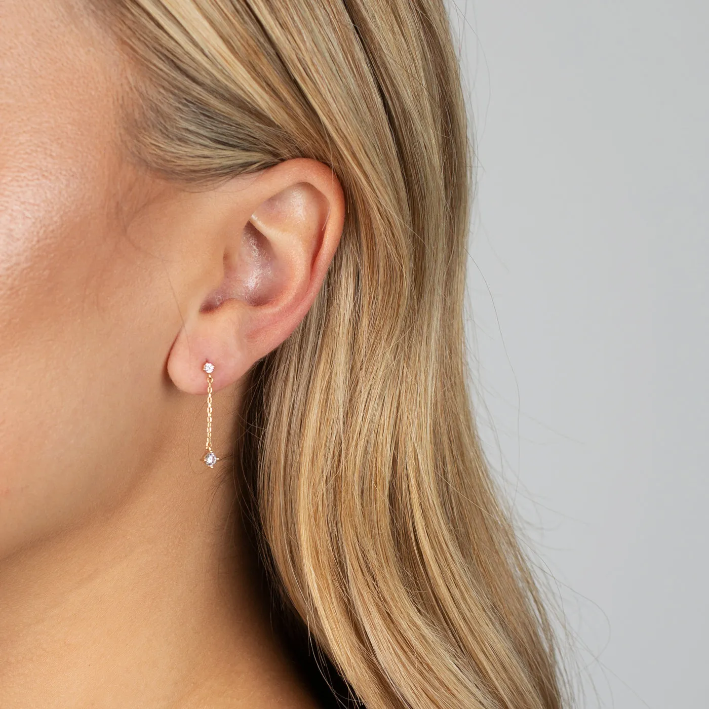Tiny Solitaire Chain Drop Stud Earring 14K