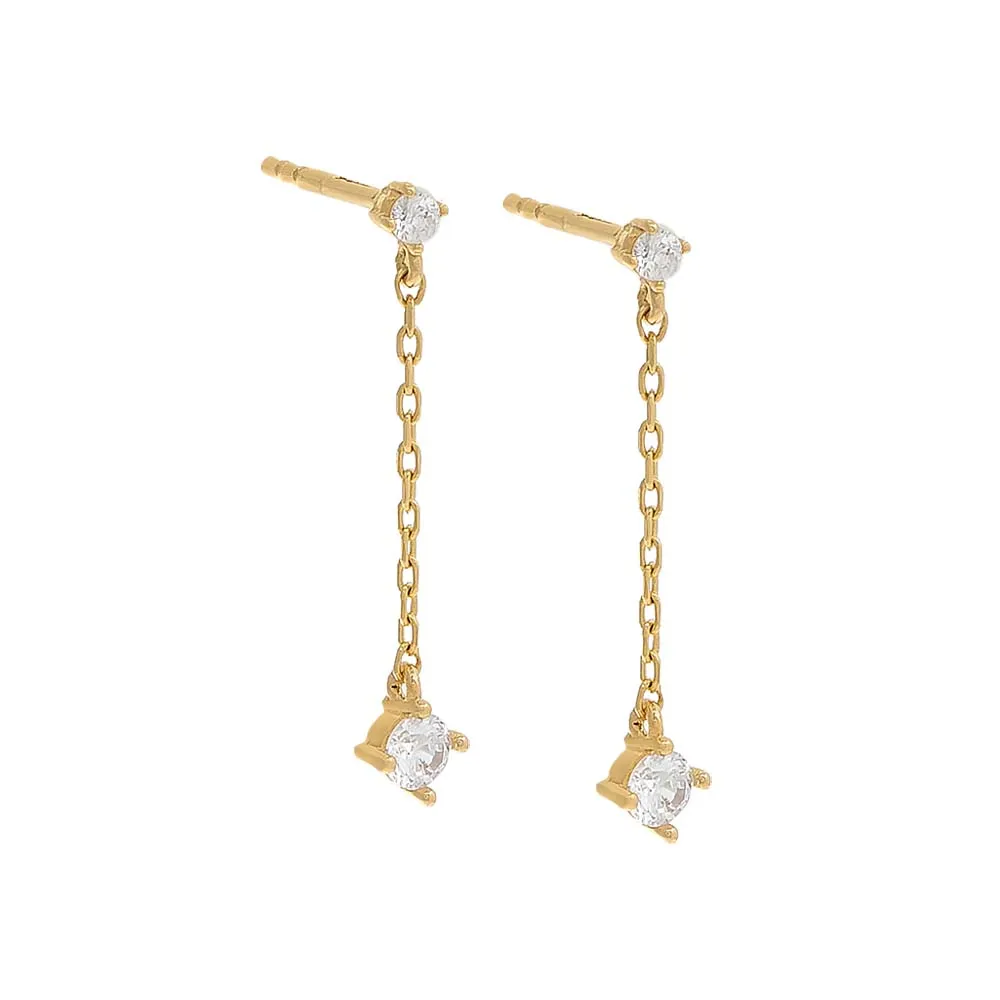 Tiny Solitaire Chain Drop Stud Earring 14K
