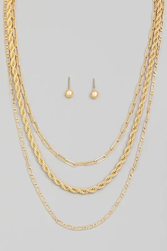 Trey Layered Necklace And Earring Set- Gold