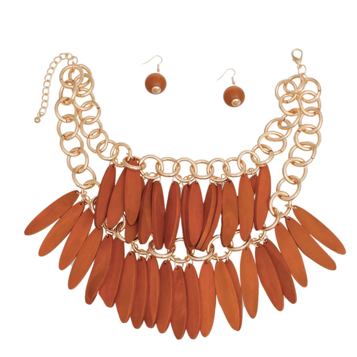 Tribal Brown Wood Fringe Layered Set