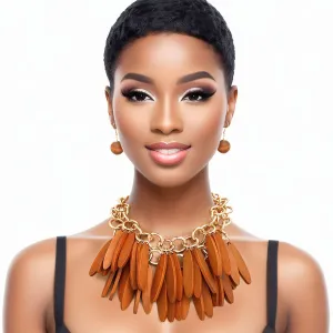 Tribal Brown Wood Fringe Layered Set
