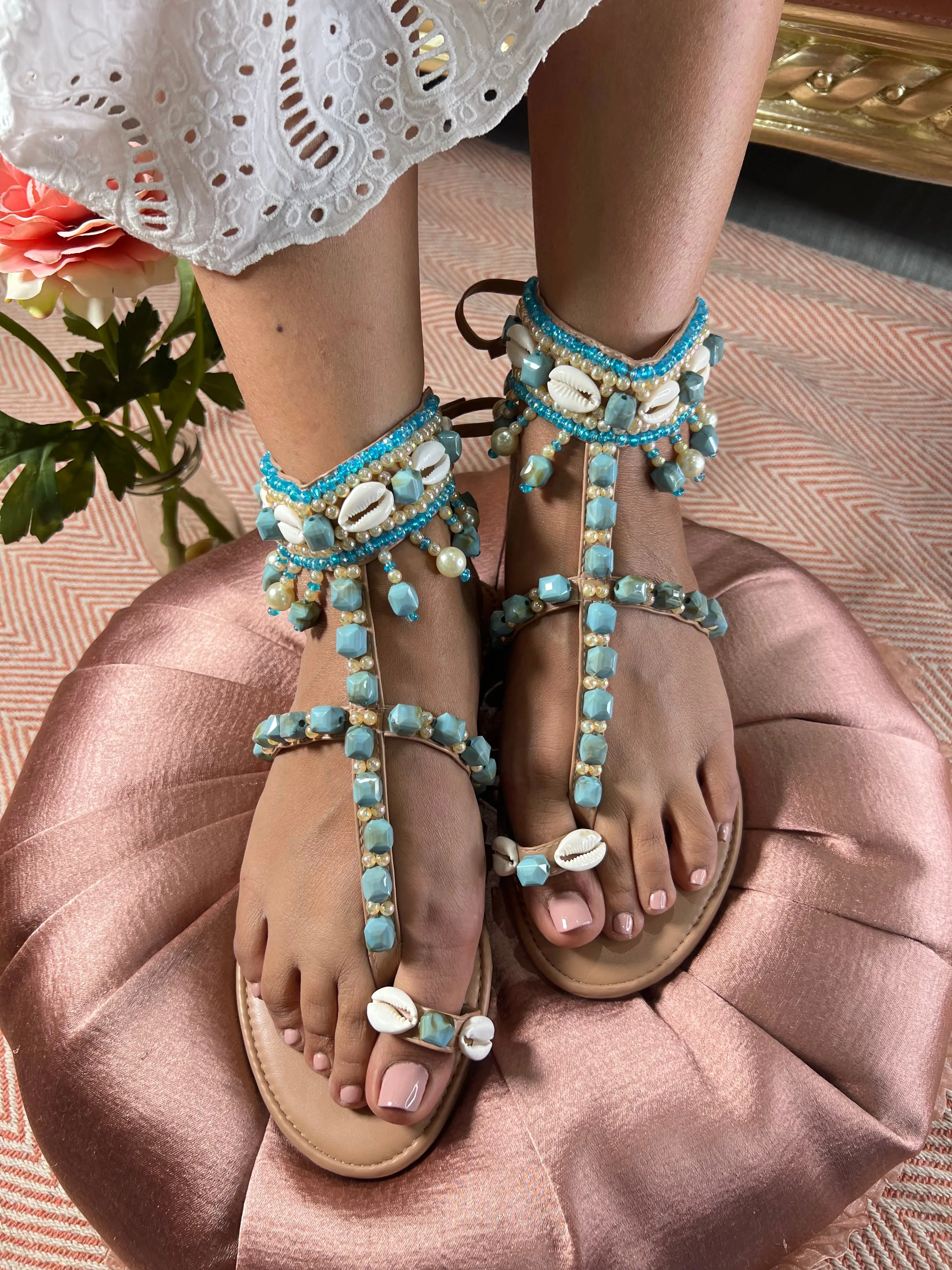 Turquoise Seashell Boho Gladiator Sandals
