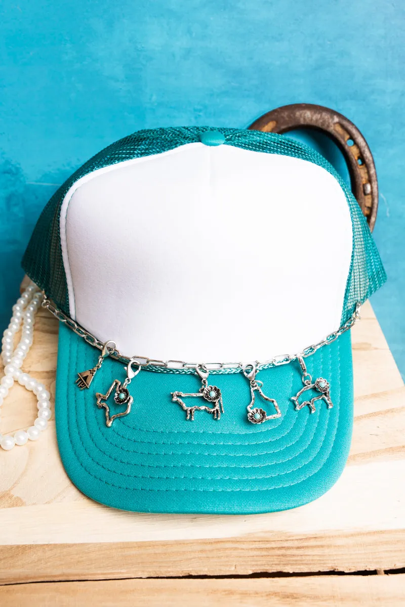 Turquoise Texas Style Silvertone Hat Charm Chain