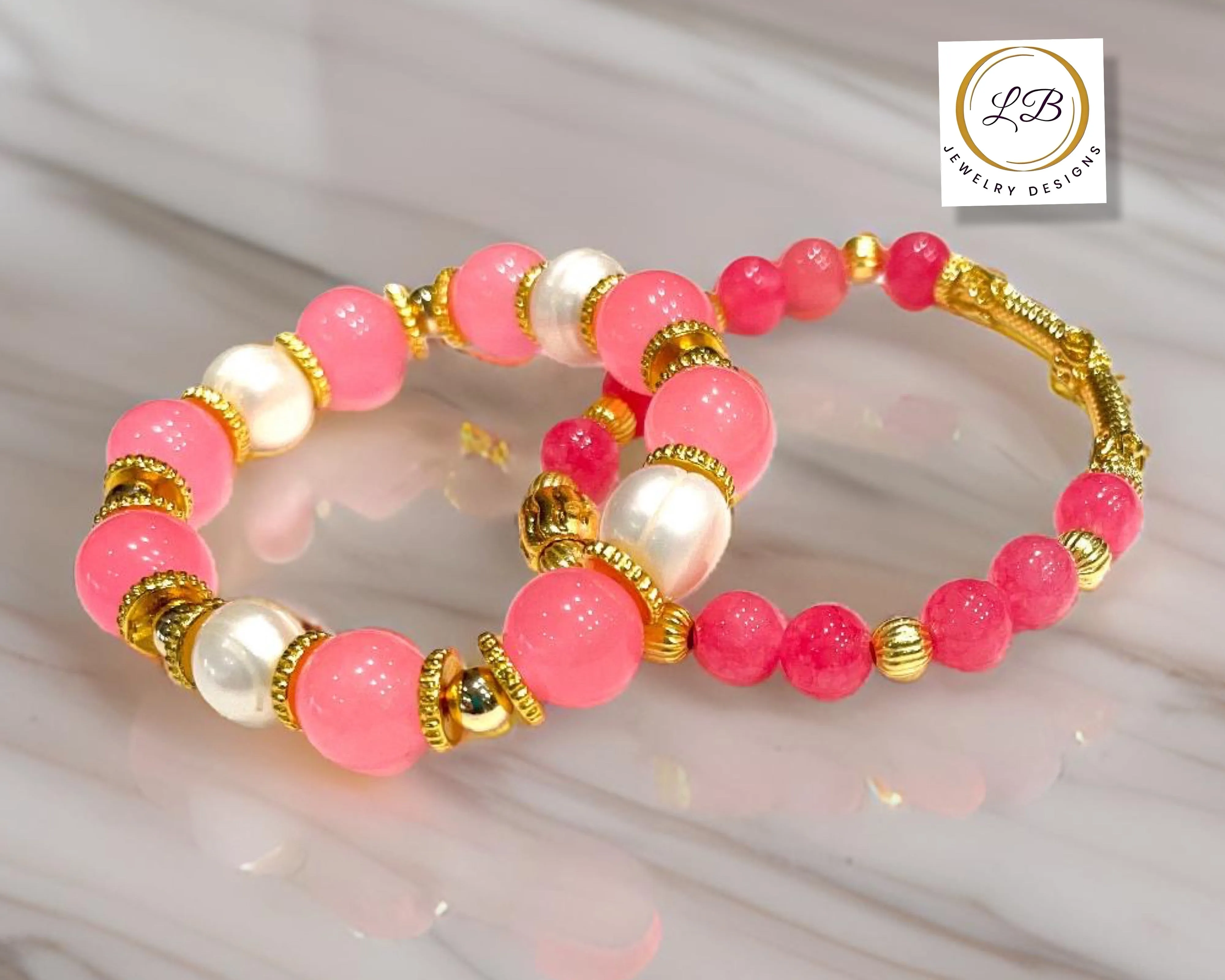 Two-Tone Pink Quartz & Freshwater Pearl Gold Bracelet Set