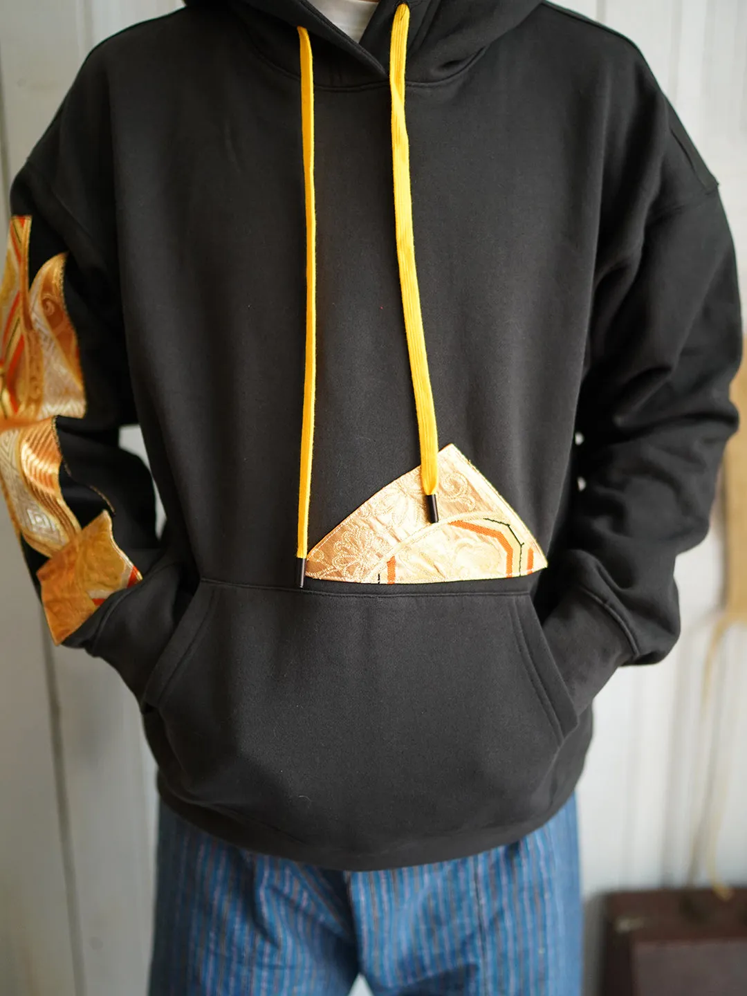 Unlogical Poem Classical Style Brocade Patchwork Black Hoodie