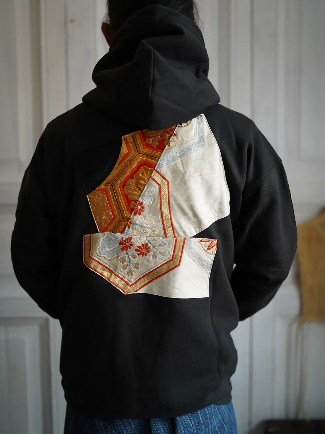 Unlogical Poem Classical Style Brocade Patchwork Black Hoodie