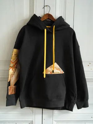 Unlogical Poem Classical Style Brocade Patchwork Black Hoodie