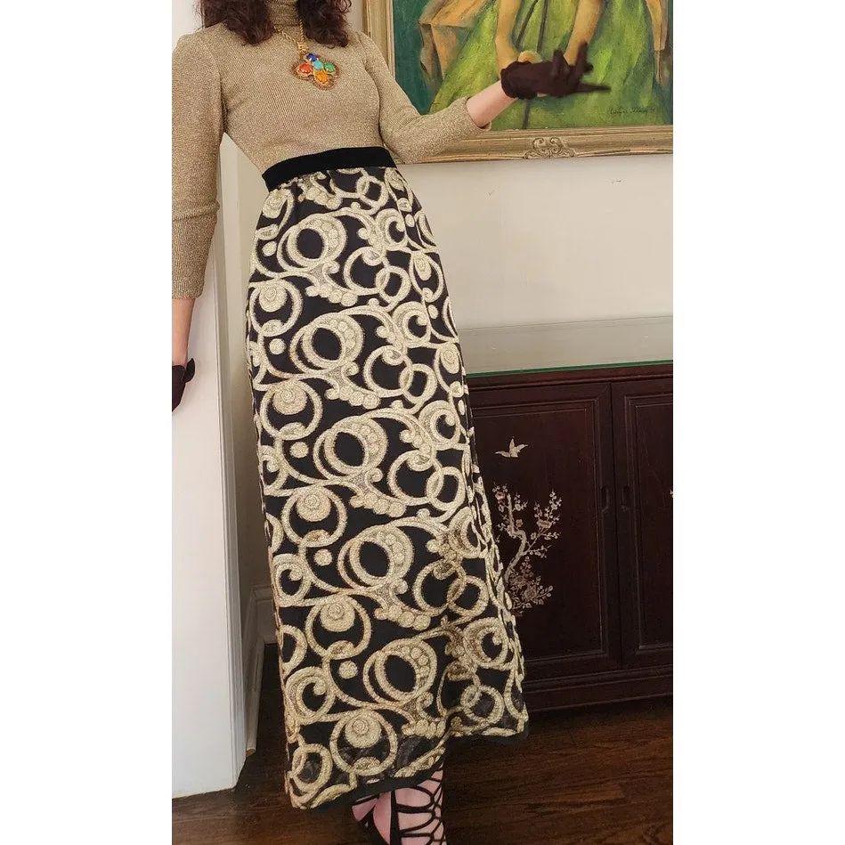 Vintage 70s Gold & Black Maxi Dress Metallic Spiral Swirl / S