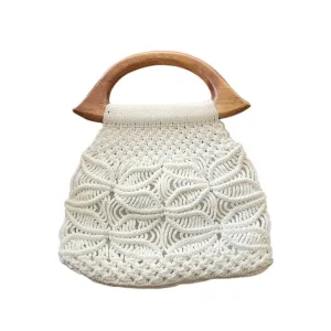 Vintage 70s Macrame Handbag Cream White Crochet Purse Wood Handle