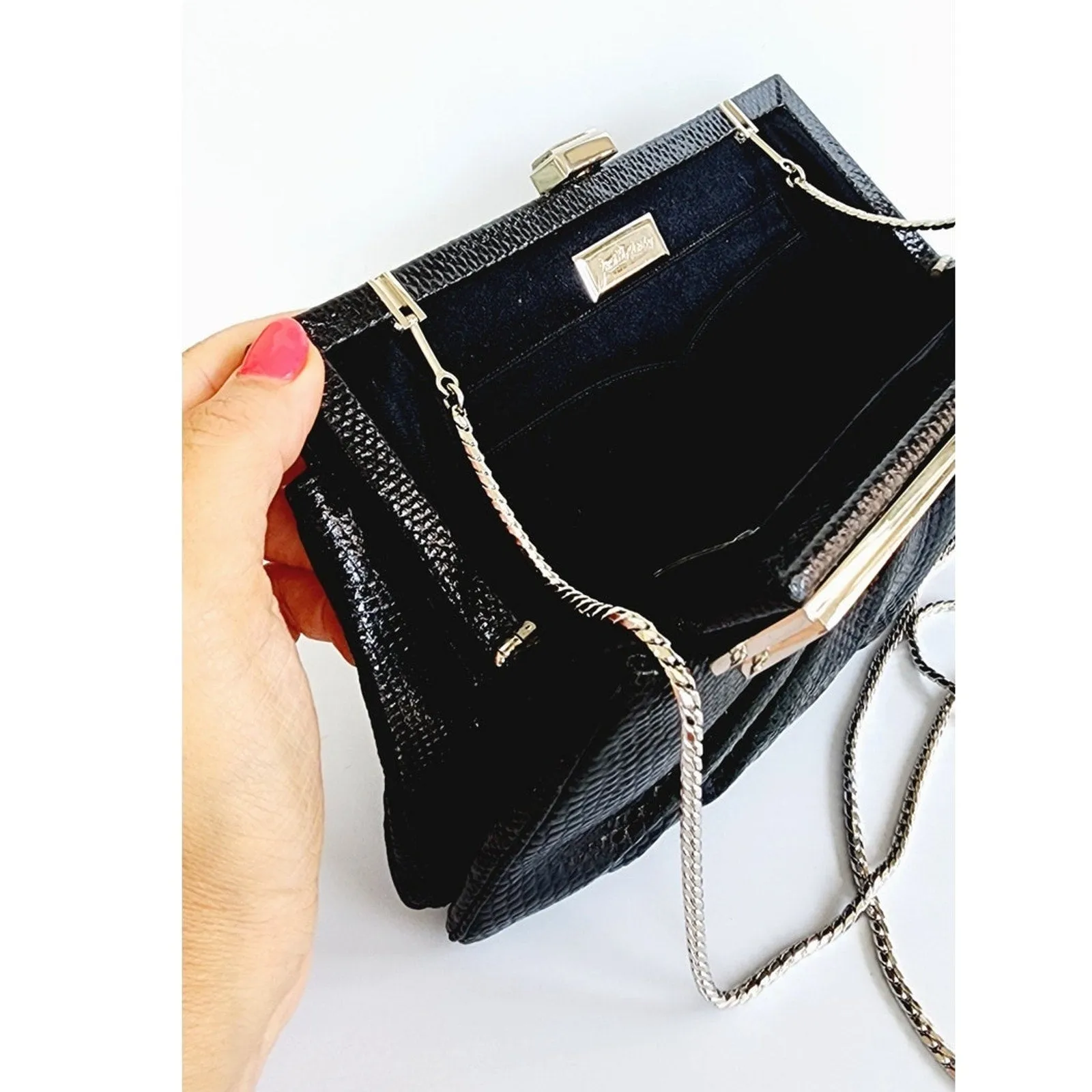 Vintage 80s Judith Leiber Bag Black Lizard w/Enamel Art Deco Panel
