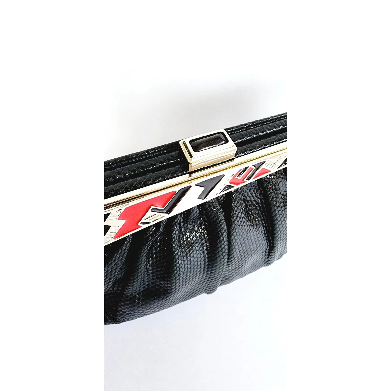 Vintage 80s Judith Leiber Bag Black Lizard w/Enamel Art Deco Panel