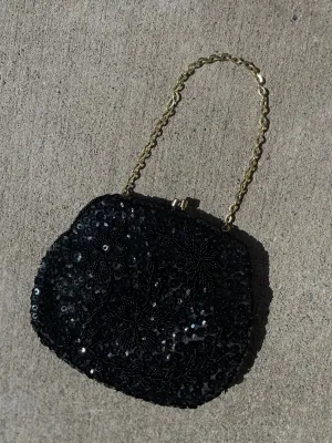 Vintage Black Beaded Purse with Flower Design