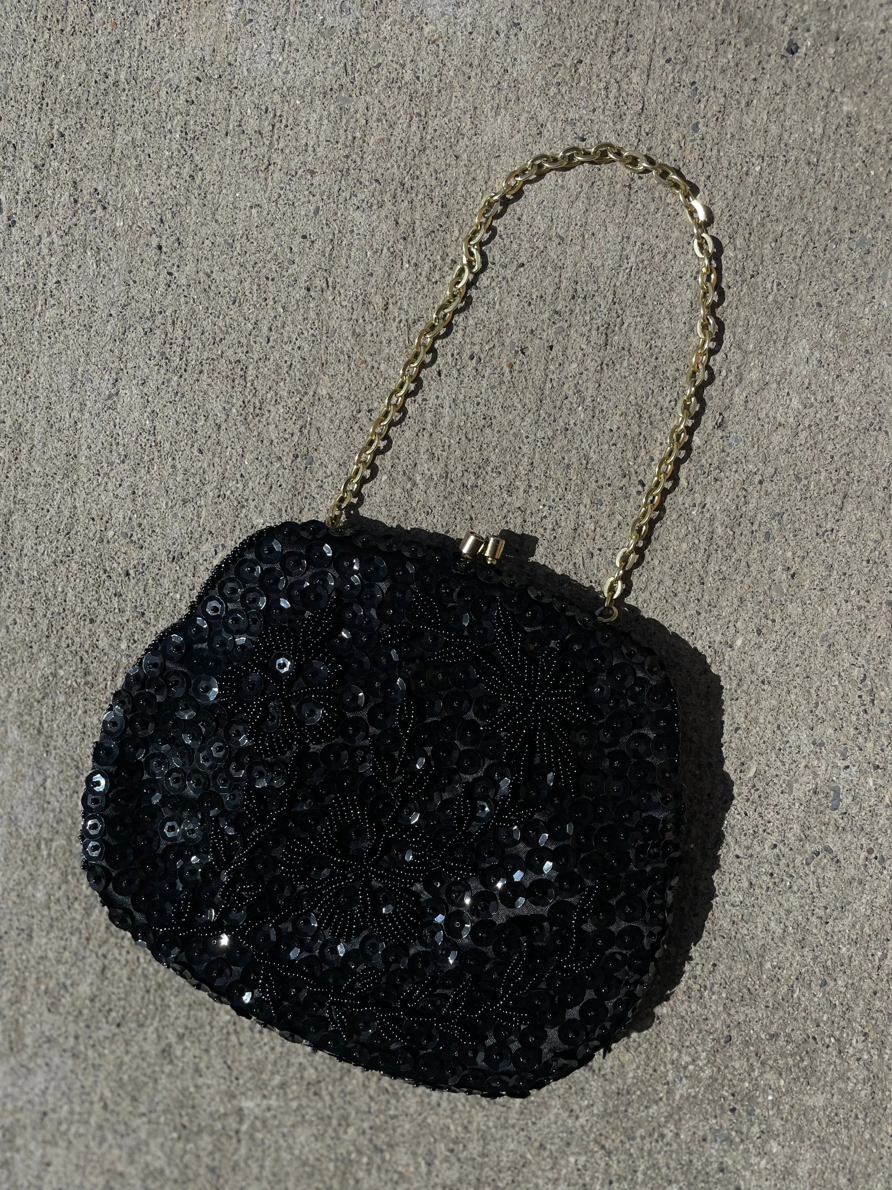 Vintage Black Beaded Purse with Flower Design