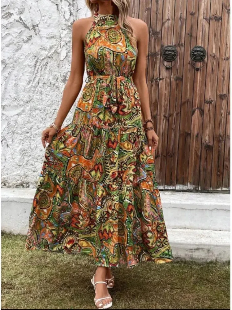 Vintage Dress Sleeveless O-Neck Halter - Boho Dress