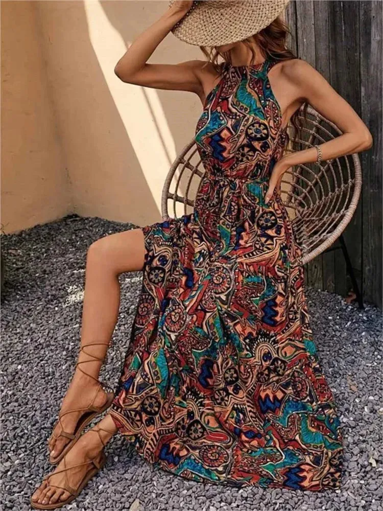Vintage Dress Sleeveless O-Neck Halter - Boho Dress
