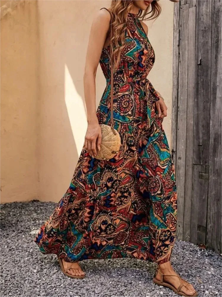 Vintage Dress Sleeveless O-Neck Halter - Boho Dress
