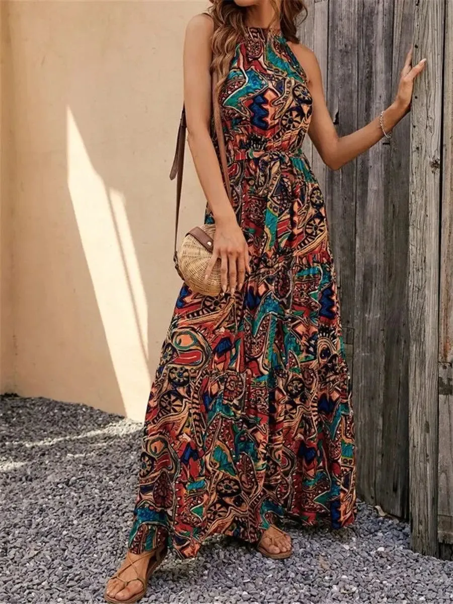 Vintage Dress Sleeveless O-Neck Halter - Boho Dress