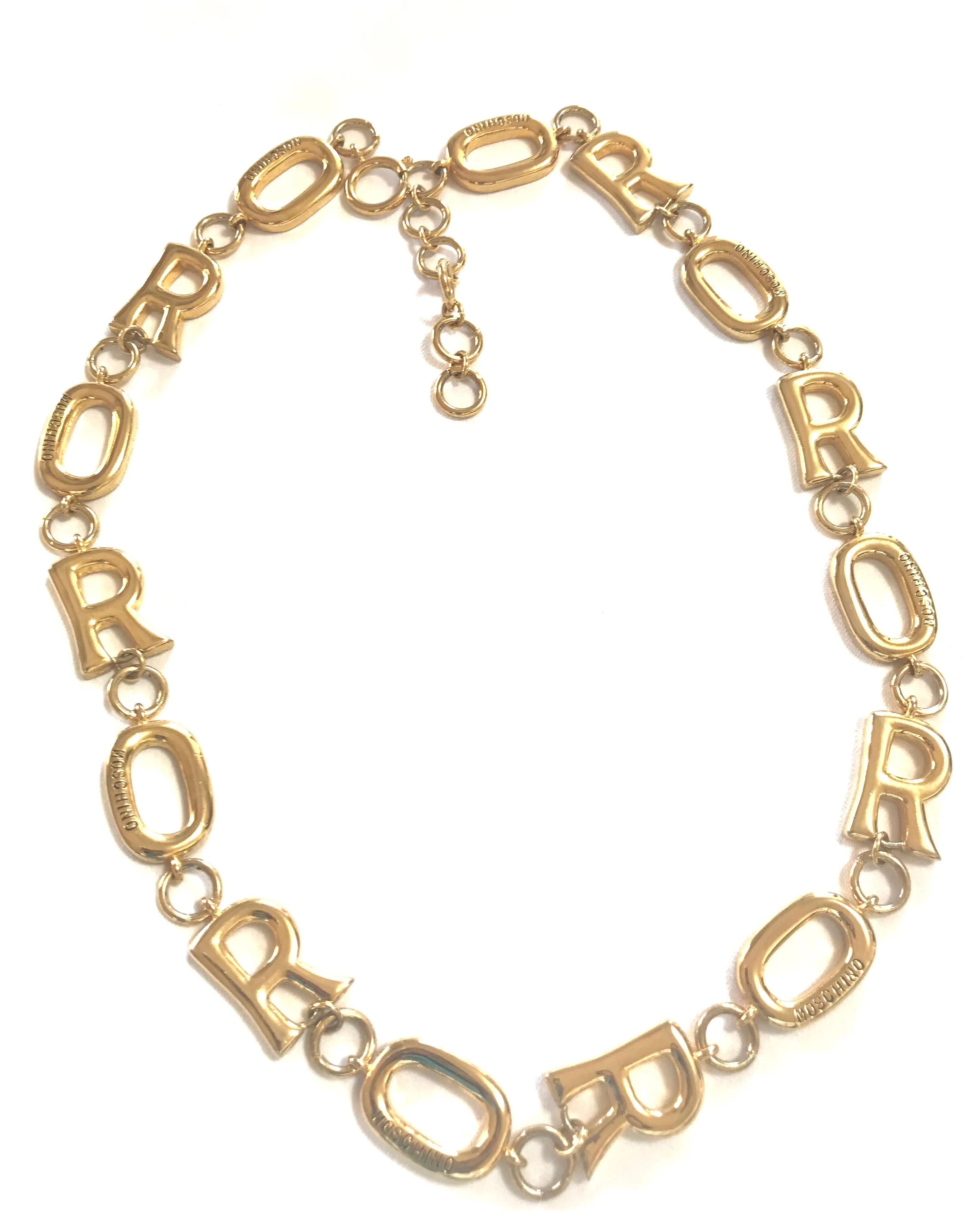Vintage Moschino chain statement necklace with golden O and R letter charms with logos. 050323re5