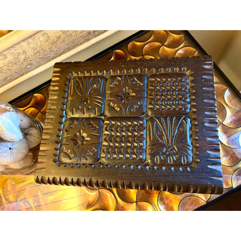 VTG Bohemian Wood Hand Carved Trinket Jewelry Box Cat/ Design 12"x10" Dark Wood