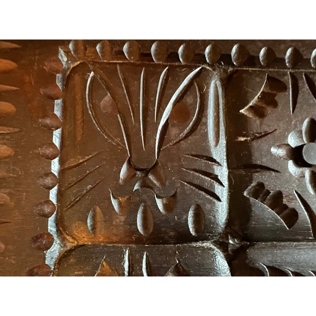 VTG Bohemian Wood Hand Carved Trinket Jewelry Box Cat/ Design 12"x10" Dark Wood