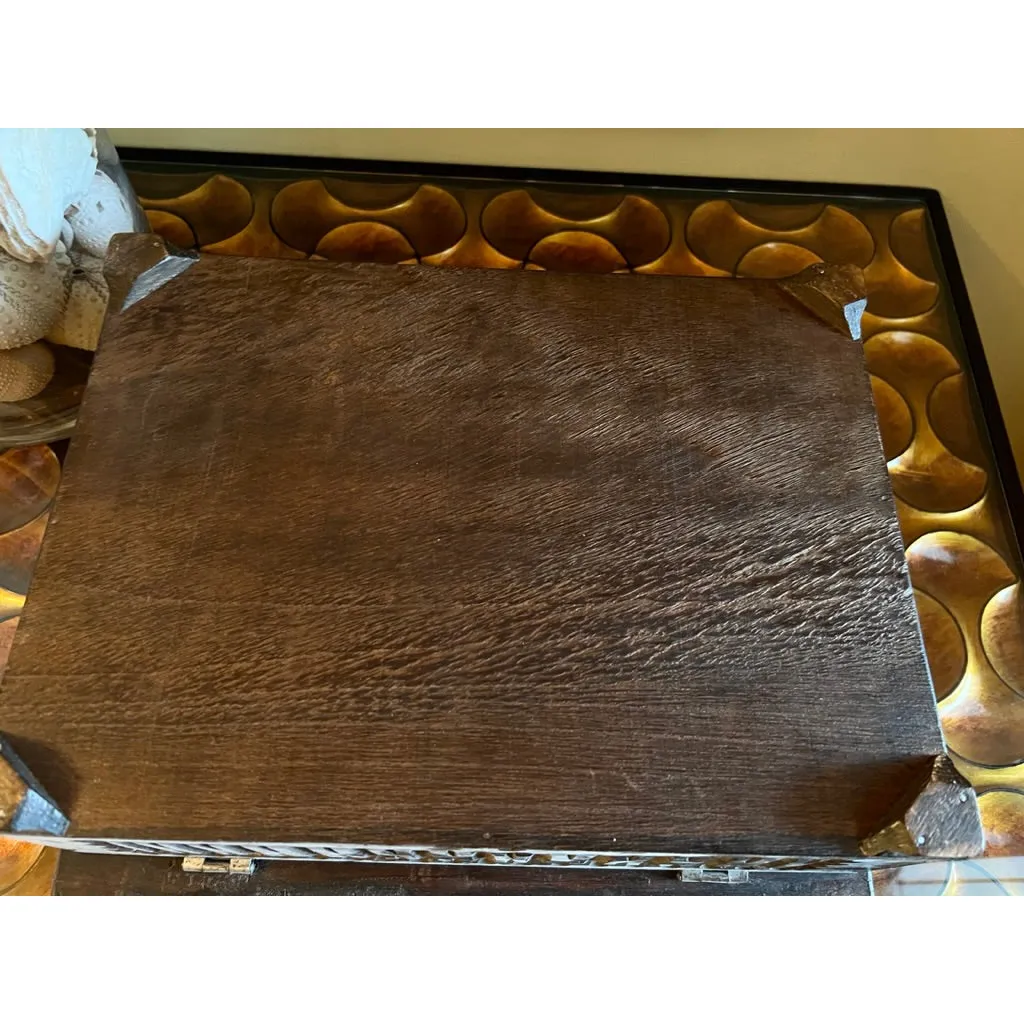 VTG Bohemian Wood Hand Carved Trinket Jewelry Box Cat/ Design 12"x10" Dark Wood