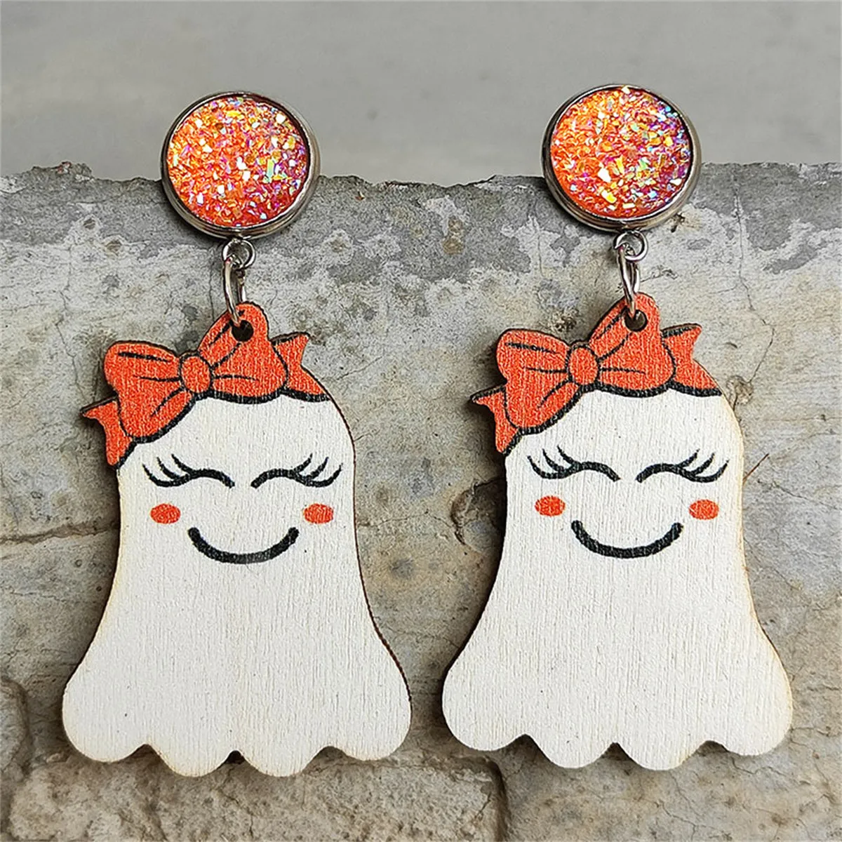 White & Orange Wood Drusy MS.Ghost Drop Earrings