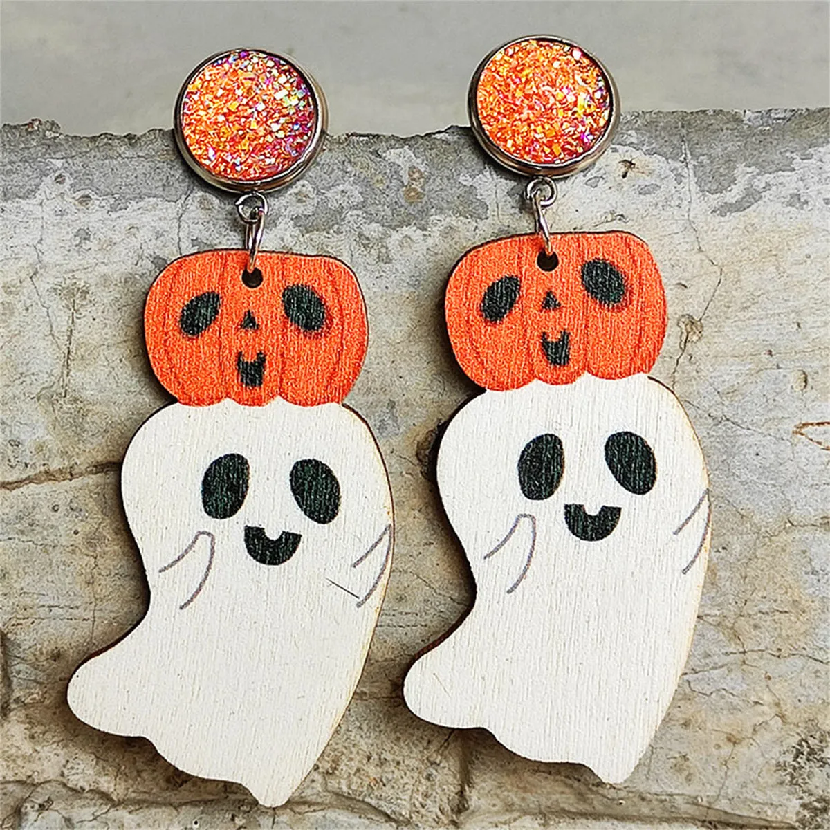 White & Orange Wood Drusy Pumpkin Ghost Drop Earrings
