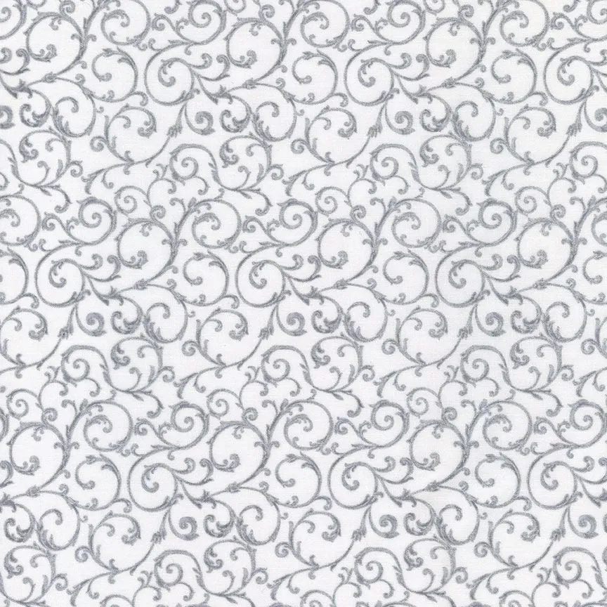 White and Silver Fleur Metallic Fabric, Item No. 23850