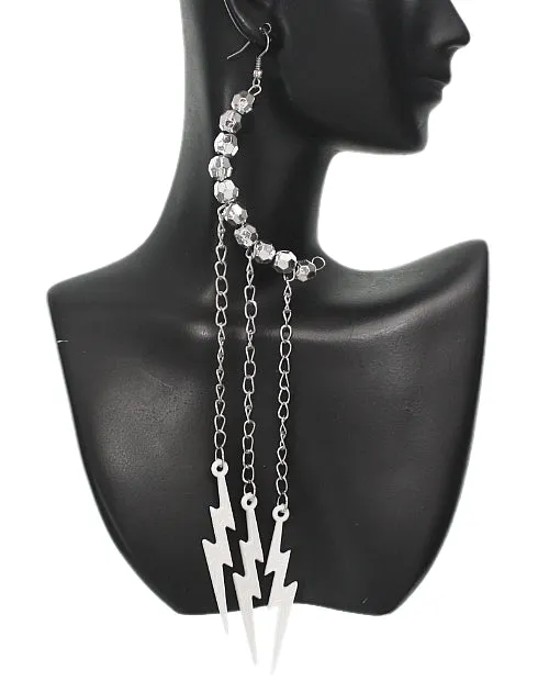 White Beaded Drop Chain Lightning Bolt Dangle Earrings