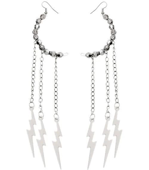 White Beaded Drop Chain Lightning Bolt Dangle Earrings