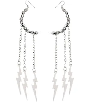 White Beaded Drop Chain Lightning Bolt Dangle Earrings