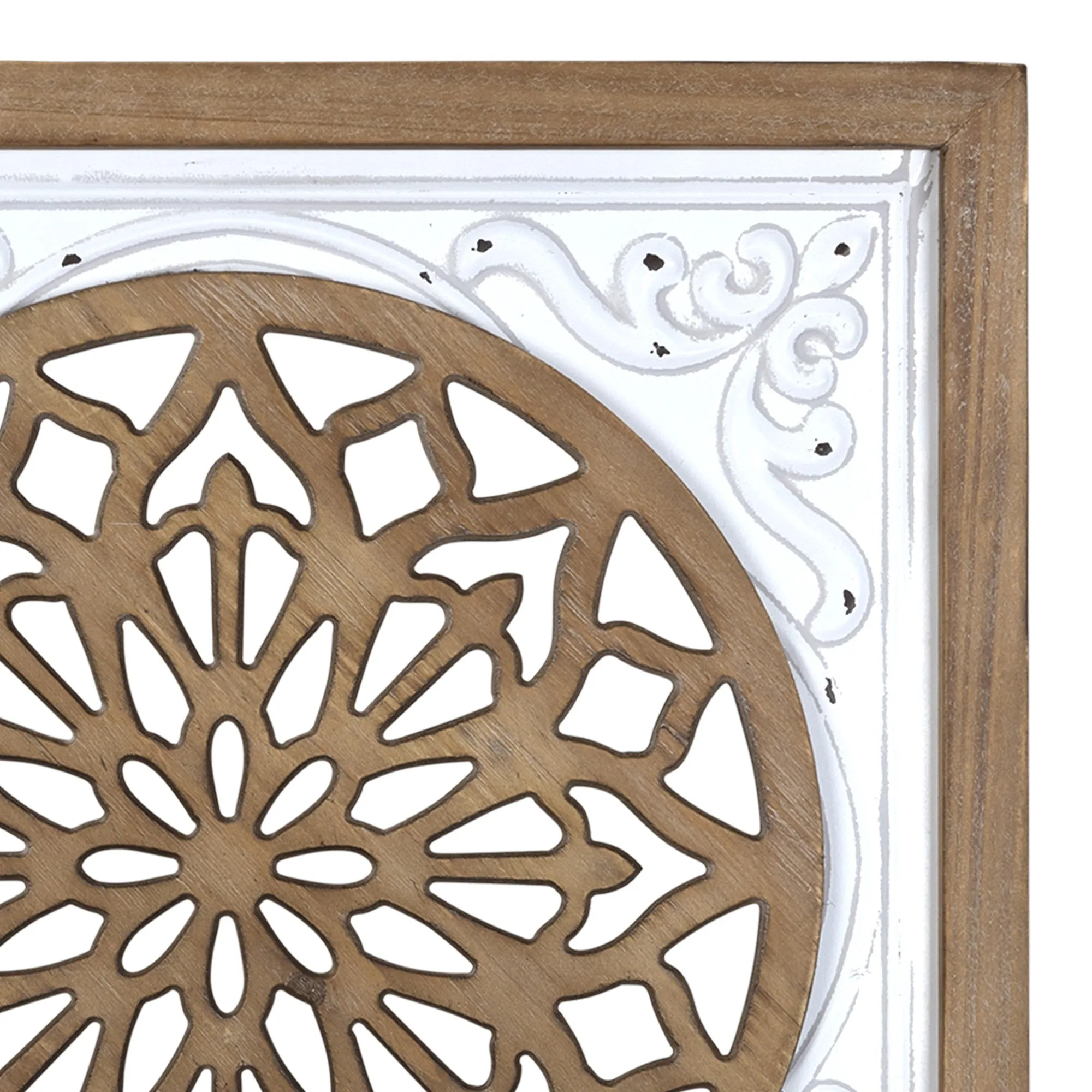 White Ethnic Wood and Metal Square Wall Plaque